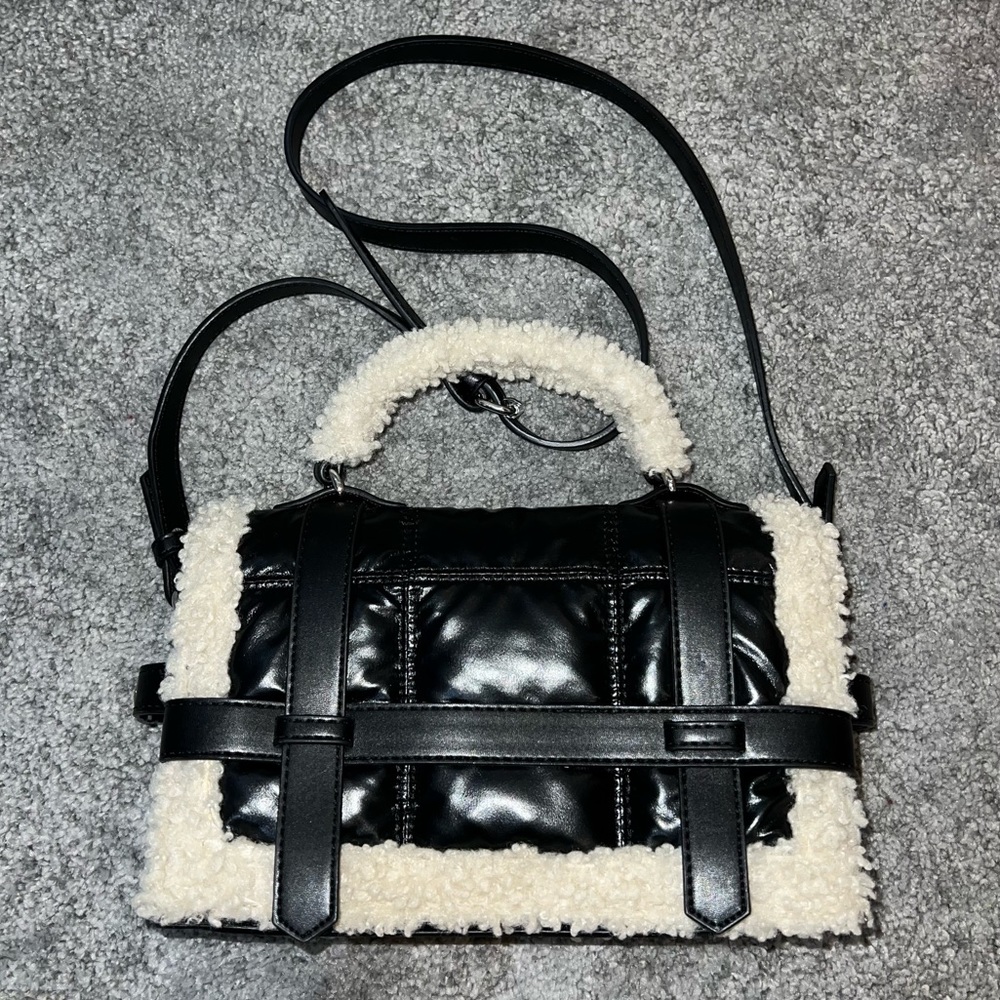 Zara Shearling Black Leather Crossover Bag